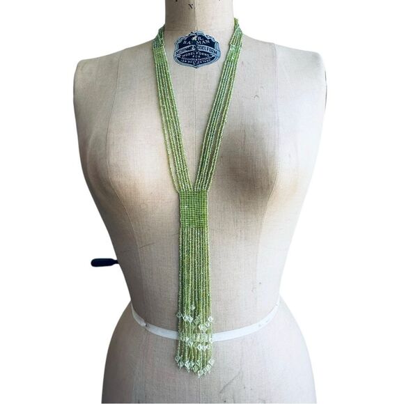 multi strand peridot Green and crystal beaded long necklace boho hippie style - Picture 7 of 11